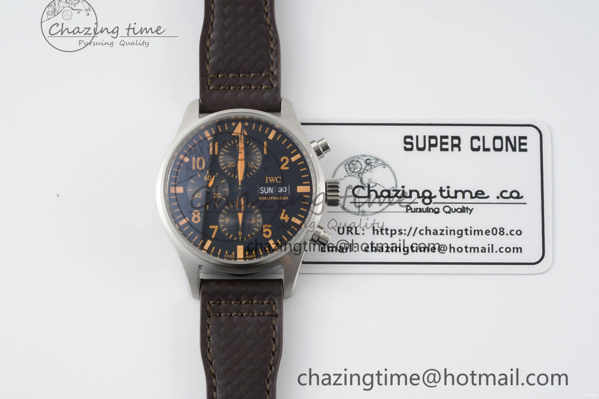 MIROTIME 0126 Pilot Chrono SS AZF 1:1 Best Edition Black Dial Orange Markers on Brown Leather Strap A EasyCare 7065